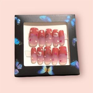 Handmade pink frenchie hello kitty press on nails